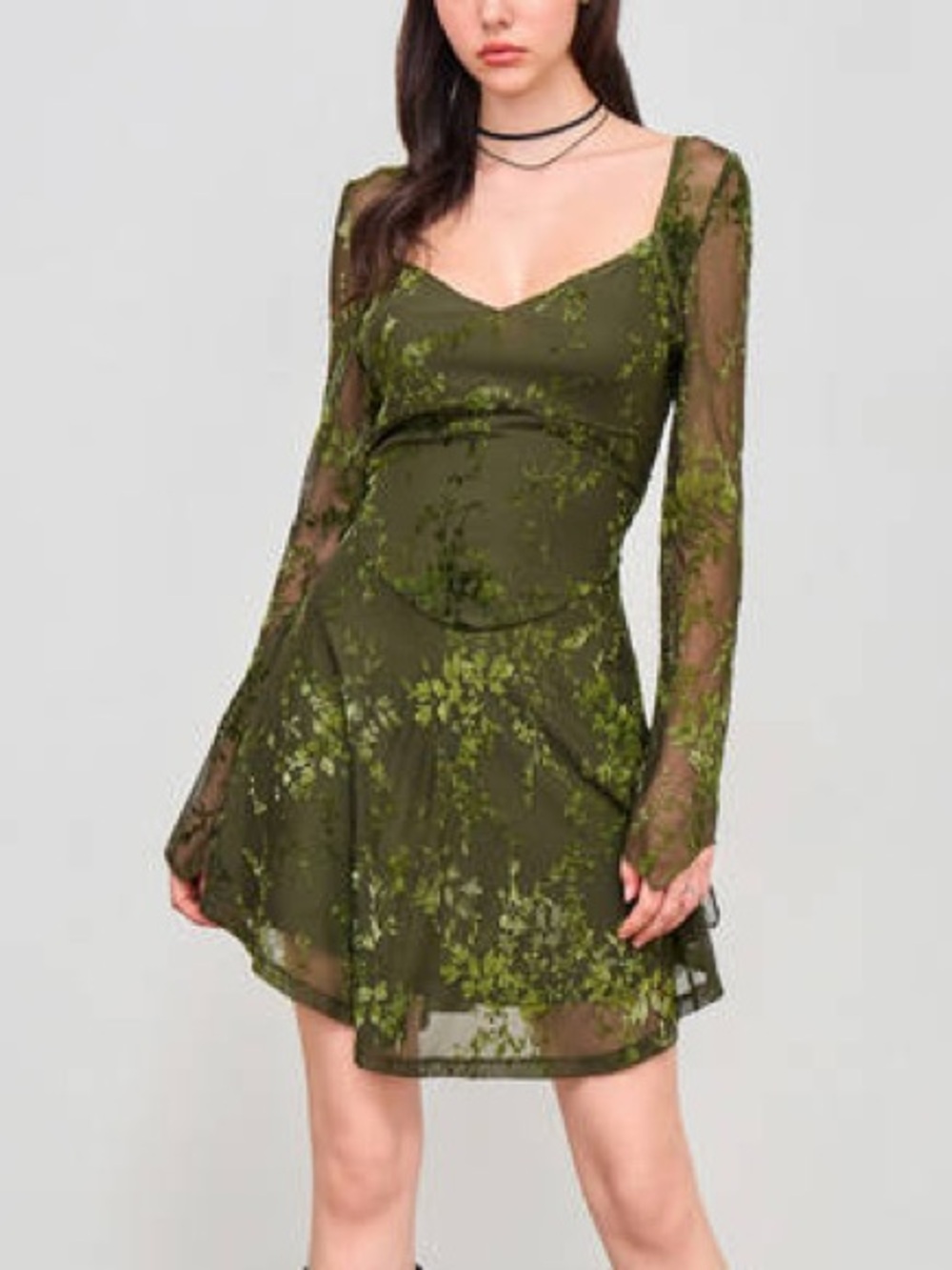 Cider green Sweetheart Lace Floral Knotted Mini Dress